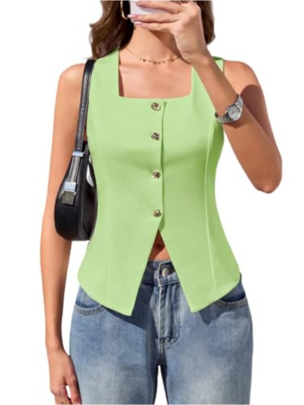 Women's Sleeveless Square Neck Suit Vest with Adjustable Back Belt